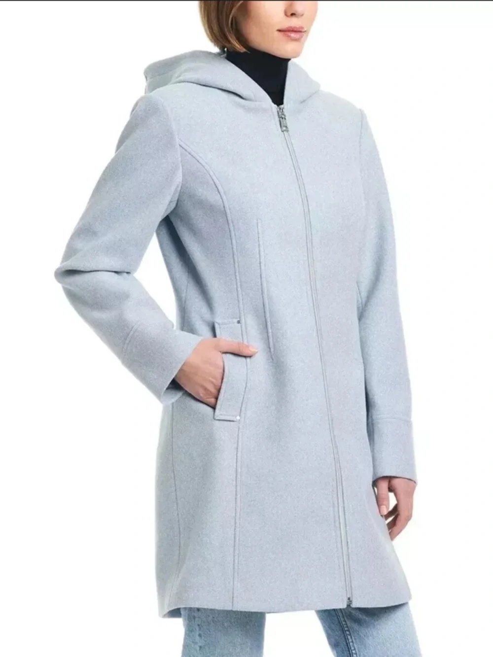Vince Camuto Light Blue Faux Wool Hooded Zip Jacket Size Small